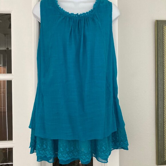 Indigo Soul Turquoise Sleeveless Three Tiered Bohemian Tunic Blouse Medium - Picture 1 of 8